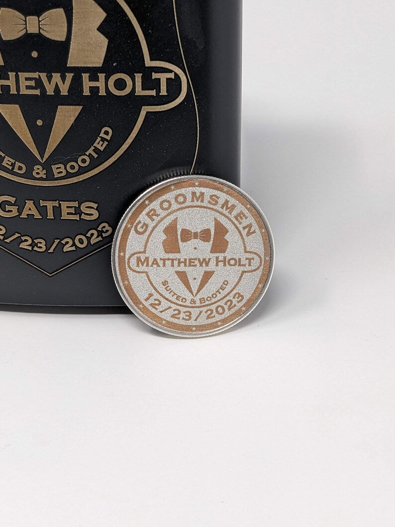 Groomsmen Flask & Challenge Coin, Personalized Laser engraved Wedding Party Gifts