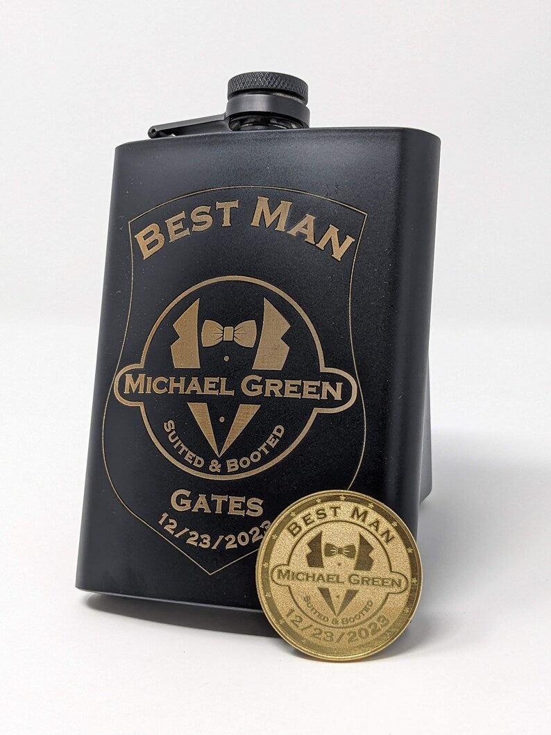 Groomsmen Flask & Challenge Coin, Personalized Laser engraved Wedding Party Gifts