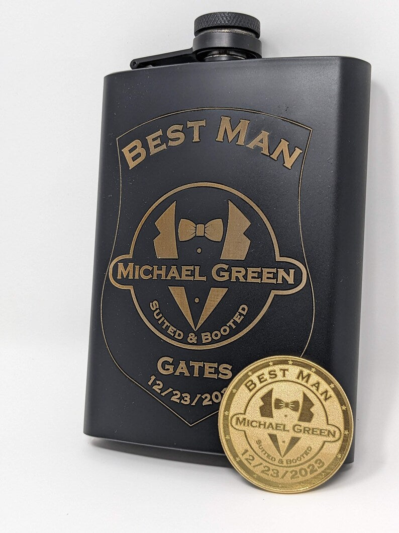 Groomsmen Flask & Challenge Coin, Personalized Laser engraved Wedding Party Gifts