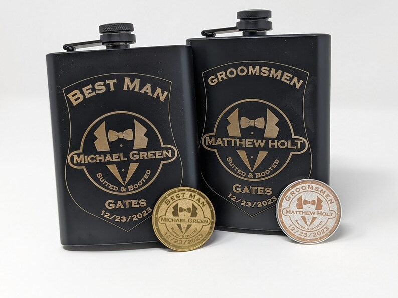 Groomsmen Flask & Challenge Coin, Personalized Laser engraved Wedding Party Gifts